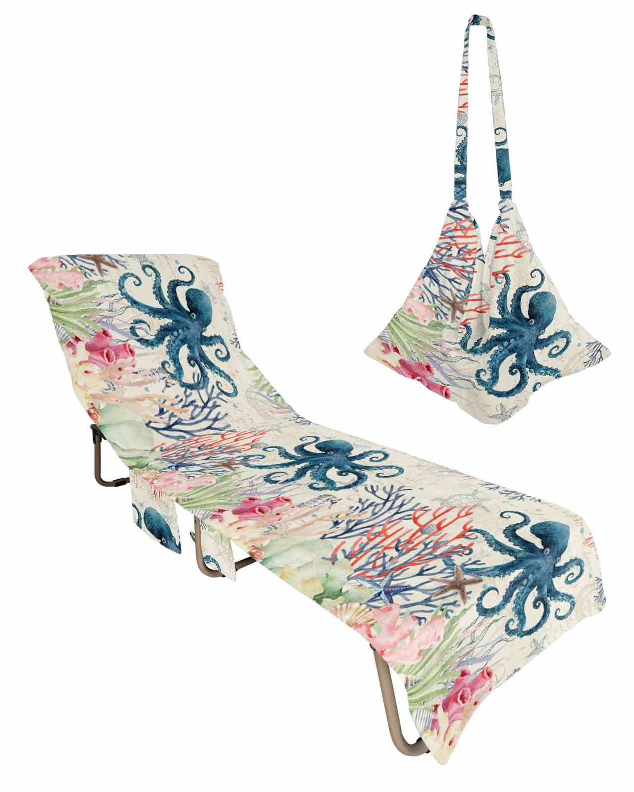 Octopus Beach Chair Towel Covers for Chaise Lounge With Side Pocket, Soft Plush Pool Towels Cover for Patio Sunbathing Outdoor Beach Coastal Ocean Coastal Watercolor 29''x85''