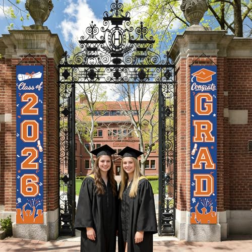 Image of Graduation Decorations 2026, Orange and Blue Door Porch Signs, Graduation Banner Class of 2026, Congrats Grad Banner for Door and Porch Graduation Party Supplies