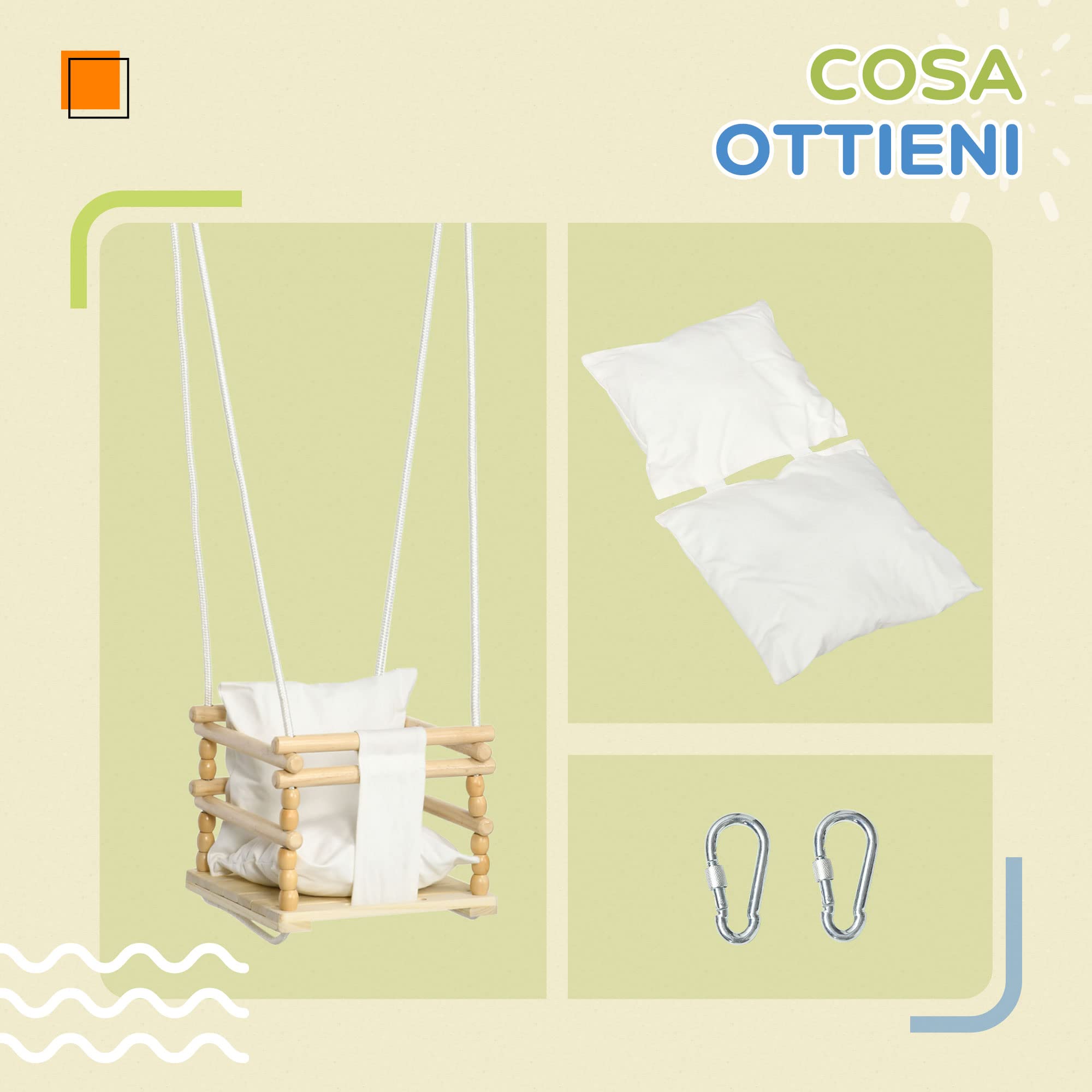 AIYAPLAY Altalena per Bambini 9-36 Mesi in Legno e Cotone per Interni ed Esterni con Corda Regolabile e Cuscino Rimovibile, 30x30x110-180 cm, Color Legno e Bianco
