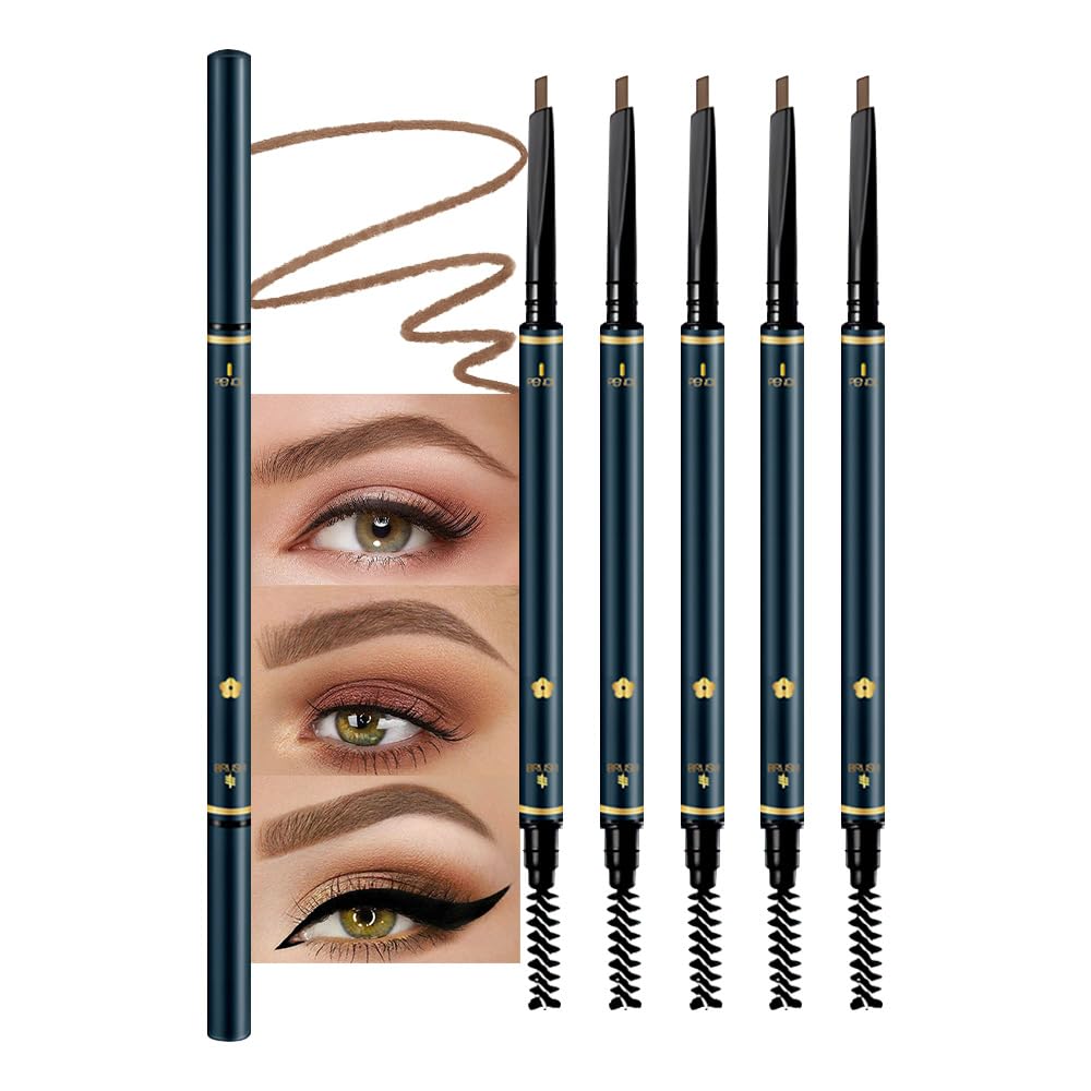 FeiCuiYun 5 Pcs Eyebrow Pencils for Women, Waterproof Professional Makeup Micro Brow Pencil, Dark Coffee Brow Kit with Eyebrow Brush, Ultra-Fine