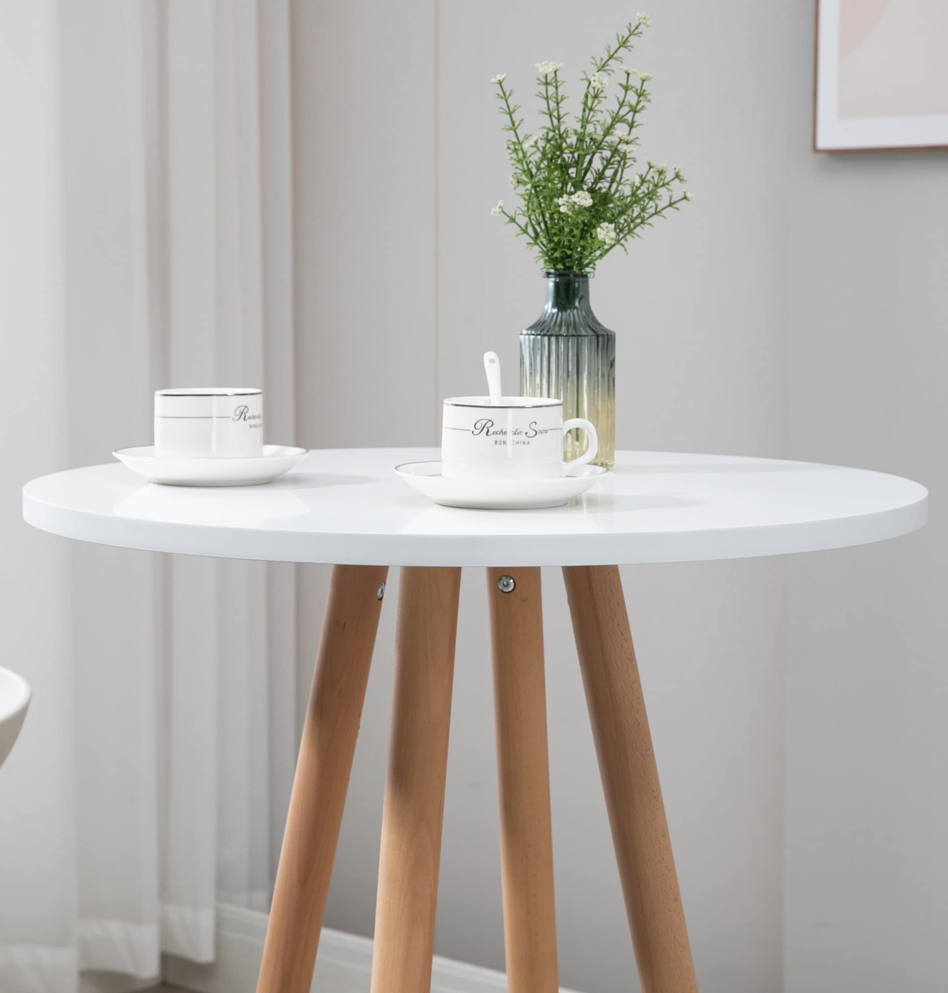 CLP Table Haute De Bar Livia avec Plateau Rond I Pieds en Bois I Repose-Pieds en Métal | Couleur Nature/Blanc