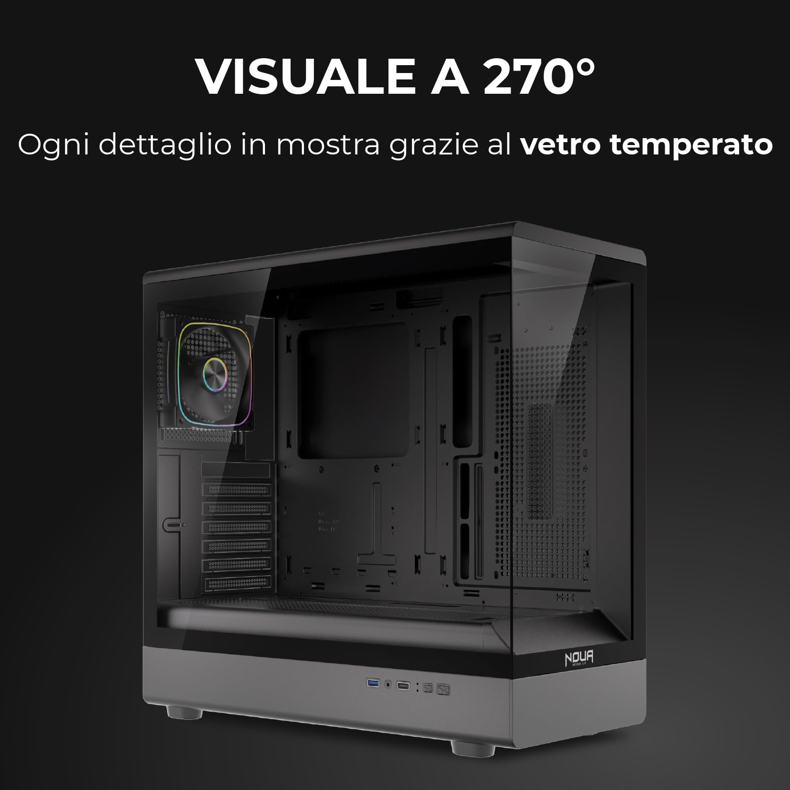 Noua Diamond CK100 | Case PC Gaming ATX Mid Tower | Ventola PWM Led ARGB | USB 3.0 | Supporto Raffreddamento Liquido 360 mm | Doppio Vetro Temperato Continuo - Nero