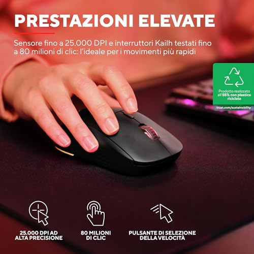 GXT 927 Redex+ Mouse Gaming Wireless 25K DPI, 2.4GHz 94 Ore di Autonomia, Kailh Switches, 6 Pulsanti Programmabili, Mouse Wireless Ricaricabile RGB Laptop Computer – Nero - Mouse gaming - Immagine 1