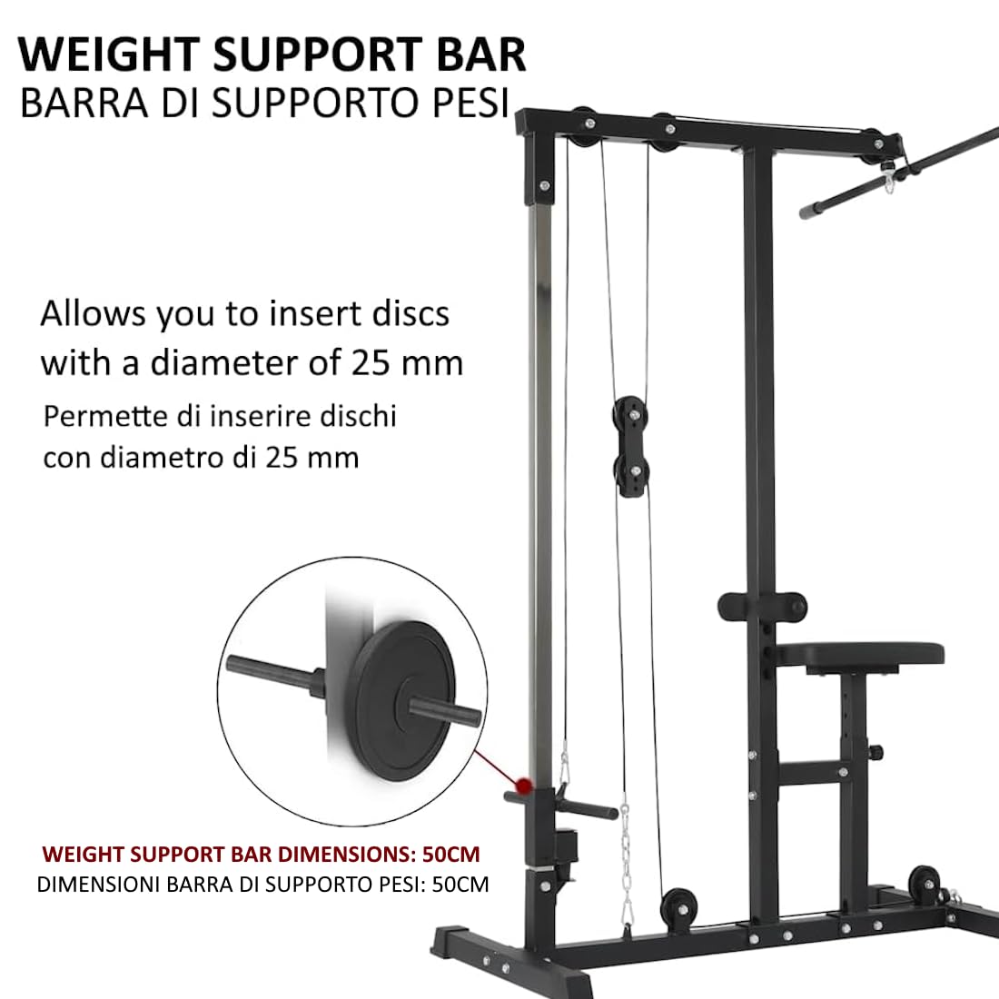 Máquina de poleas para dorsales, Torre de jalón, Banco de Acero multifunción, Barra para tríceps, Capacidad máxima de 280 kg, Entrenamiento Muscular.