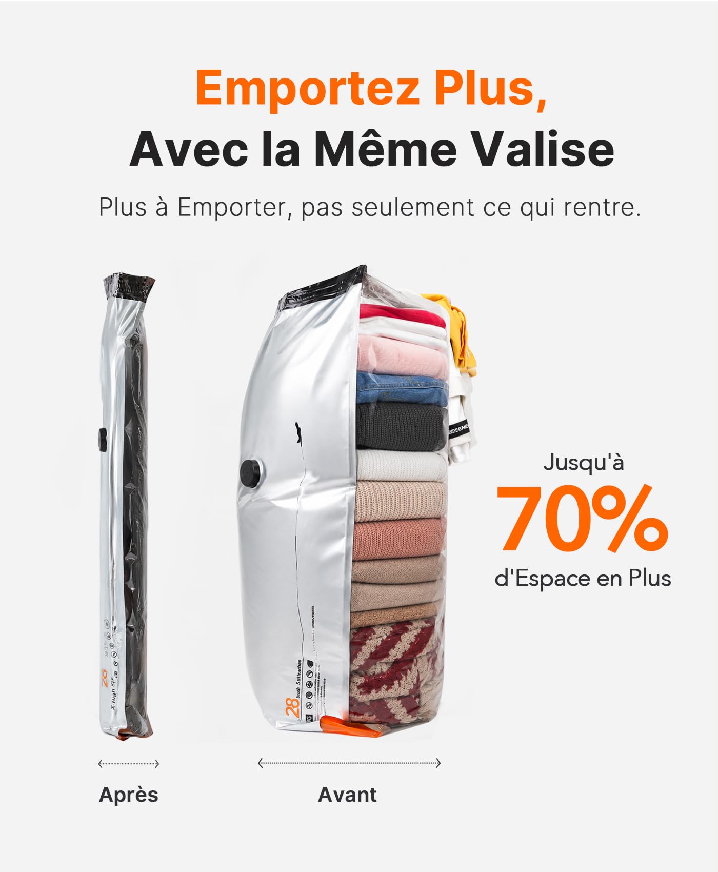 Vacbird 10 Sacs Sous Vide Vetement Aspirateur et Pompe à Vide Rechargeable par USB, 5 x 40x54cm, 5 x 47x64cm, Sac Sous Vide Voyage Résistant–Idéaux pour Voyager et Organiser Vos Bagage