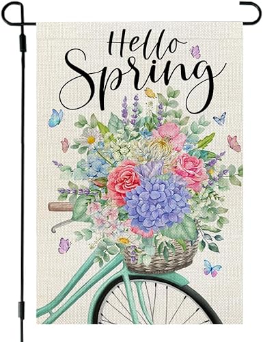 CROWNED BEAUTY Bandera de jardín con texto en inglés Hello Spring de 12 x 18 pulgadas, de doble cara, pequeña, de arpillera, bandera de temporada