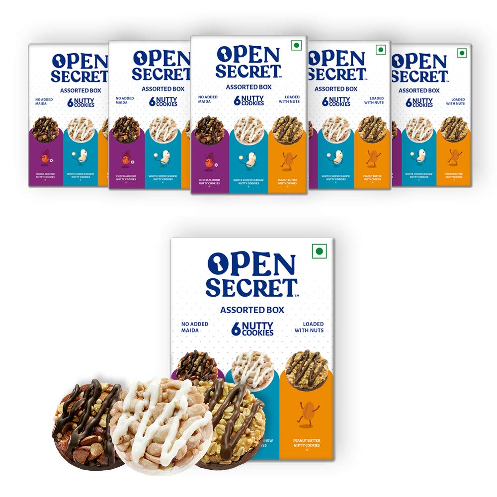 Open Secret Cookies, Assorted Cookies, (Pack of 36 Cookies)| Biscuits Combo Pack| Choco Almond, Peanut Butter, White Choco Cookies| Badam Nut Cookies| Diet Biscuit | Snacks Gift Hamper
