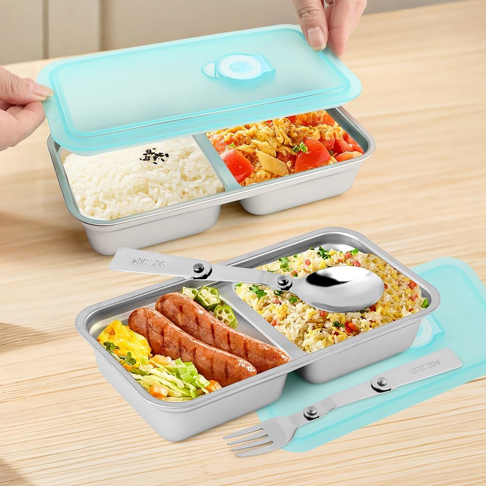 2pcs Grab and Go Snack Container Stainless Steel With Spoon & Fork, Reusable Snack Condiment Containers with Lids, 2 Compartment Lunch Meal Container for Travel Outdoor Camping - Image 8