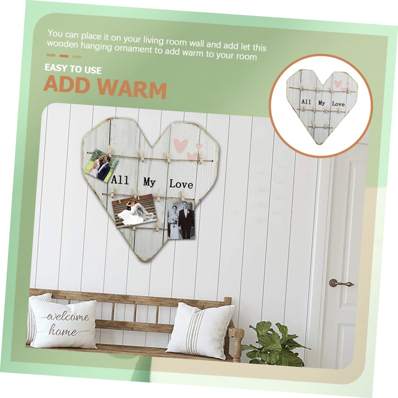 Alipis Cuore in Legno Portafoto da Parete, Stile Rustico Beige, per Matrimonio e Anniversario, Decorazione per Foto e Casa