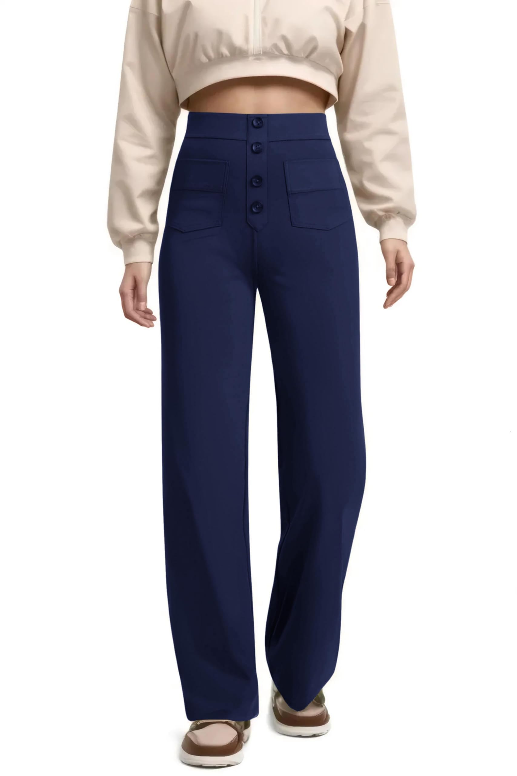 Timuspo Damen Hose Weites Bein Dehnbar Flexipants Lässige Yogahose mit Mehrere Taschen Business Hosen High Waist Knopfleiste Freizeithose Einfarbig Bequeme Arbeitshose