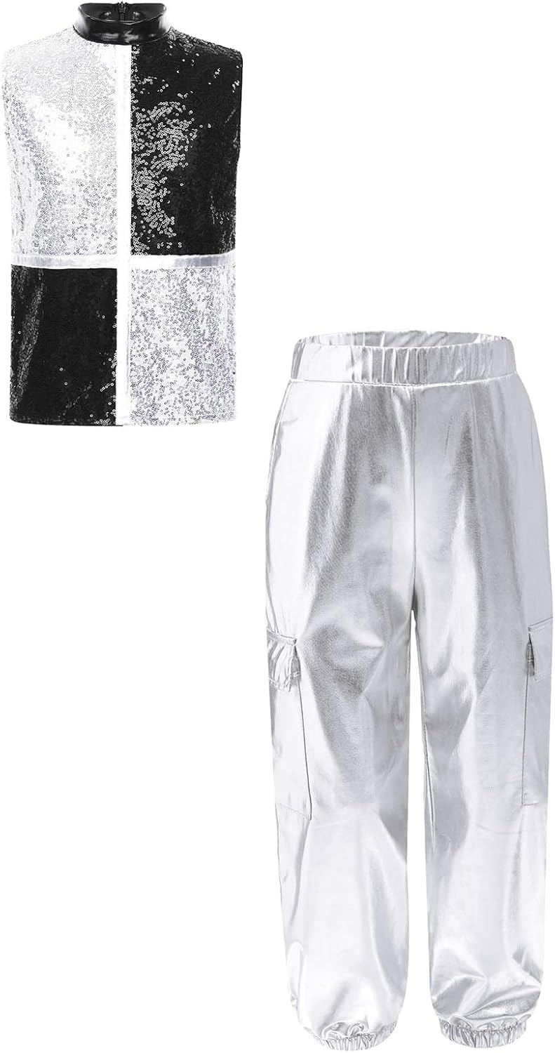 ranrann Girls Sequins Dance Crop Top with Cargo Pants Sets Party Outfits for Stage Performance Dancewear