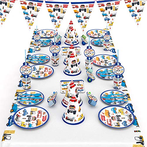 mreechan Set de Fiesta de Engineering Car, Vajilla desechable,cumpleaños Supplies Set Contiene manteles, Cubiertos, silbatos, manteles, pajitas para cumpleaños, Navidad, acción de Gracias, etc.