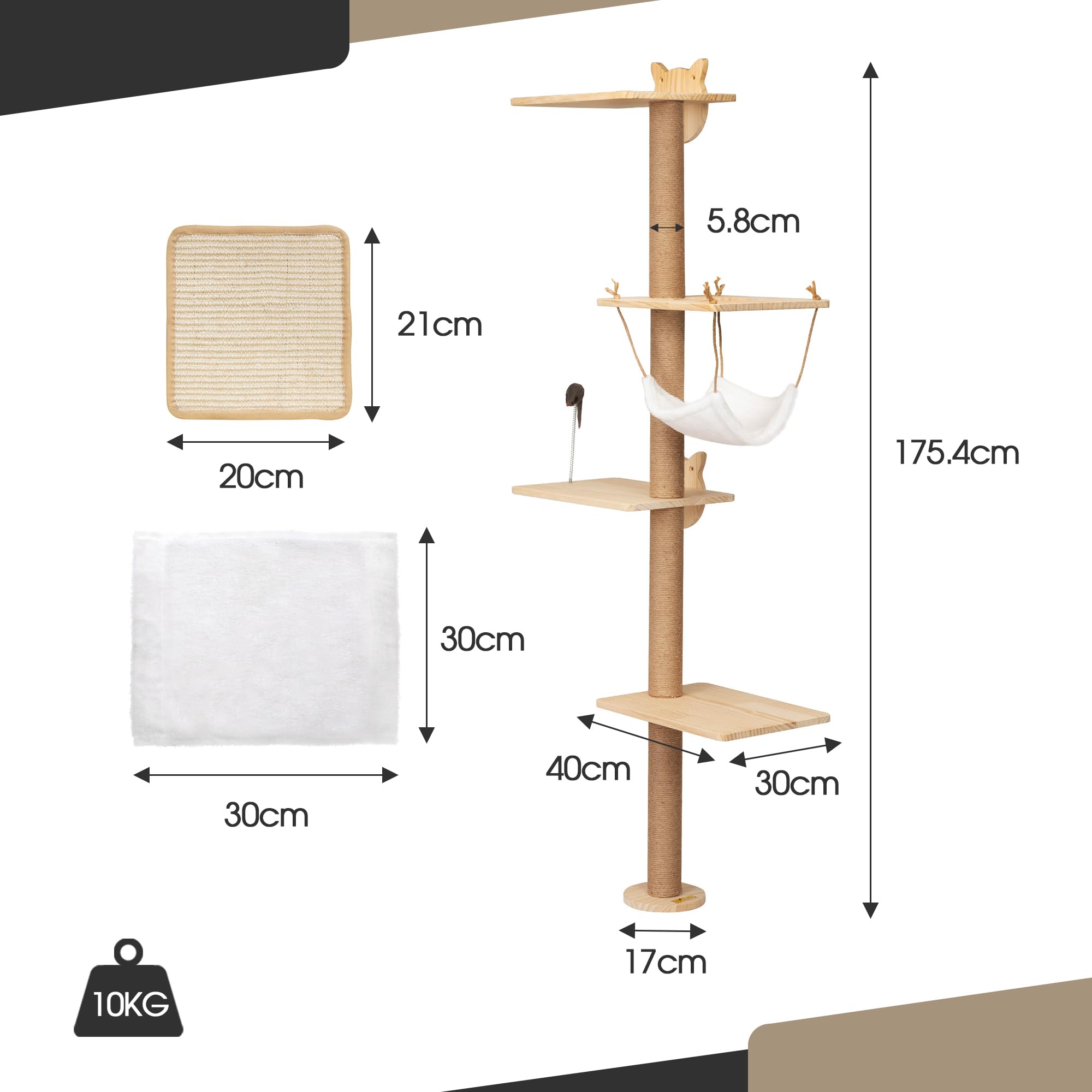 Kratzbaum für Katzen Wand Klettern 4 Etagen Katzenturm(176 cm) aus Natürliches Kiefernholz Katzenregal mit Hängematte und Sisal-Kratzmatte Federnde Spielmaus Kletterwand für Wohnungskatzen