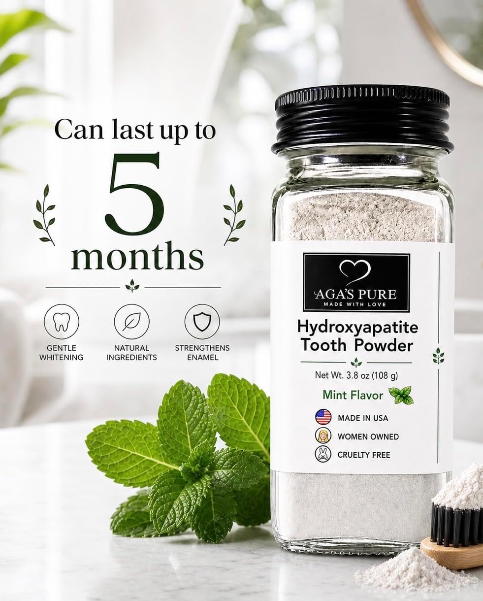 Aga's Pure Hydroxyapatite Tooth Powder, Mint Flavor, Made in USA, Cruelty Free, 3.8 oz