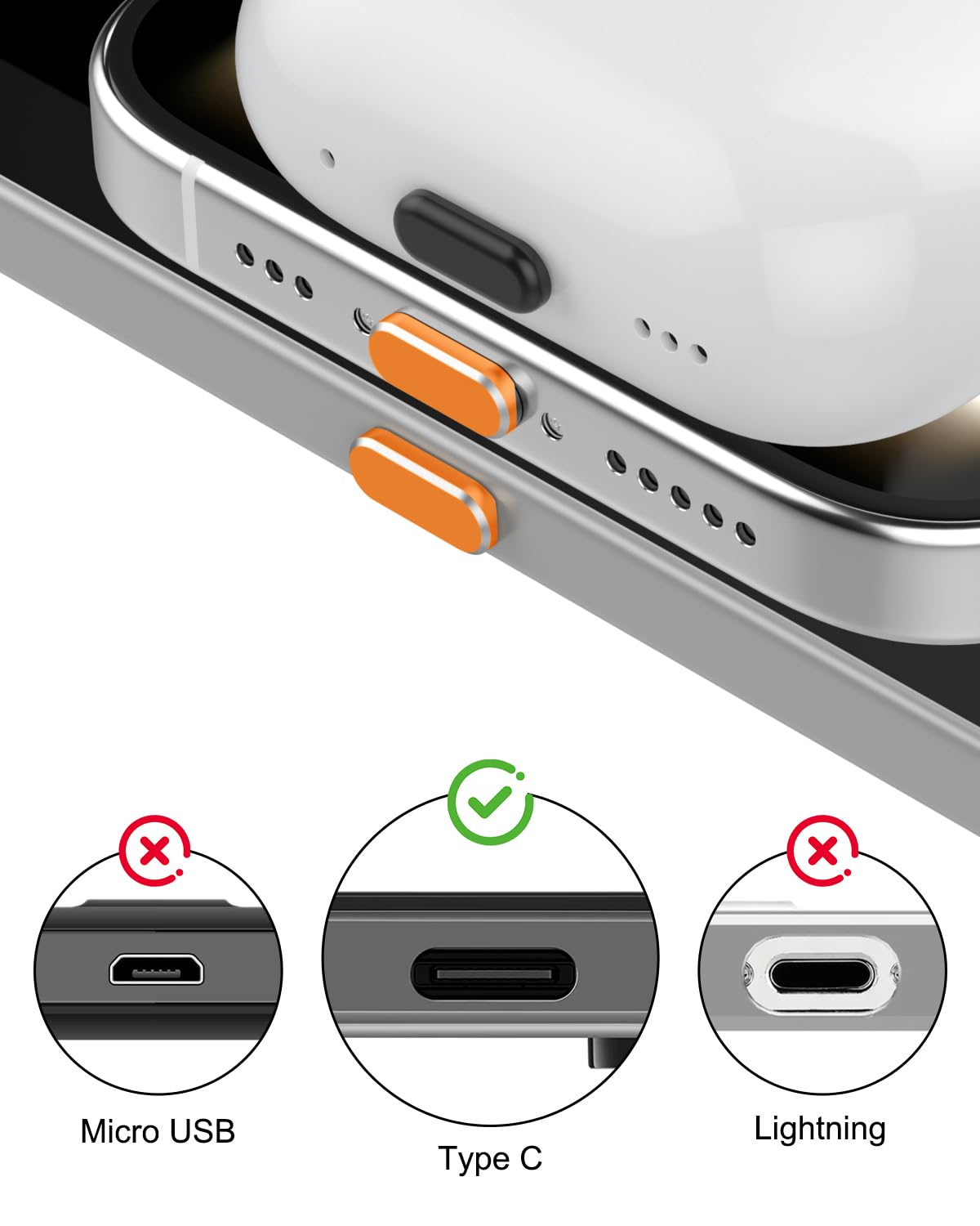 Osłona przeciwpyłowa USB C do iPhone 17/17 Pro, 4 aluminiowe + 4 silikonowe nasadki ochronne, zestaw z pudełkiem do przechowywania i szczoteczką do czyszczenia (Cosmic Orange)
