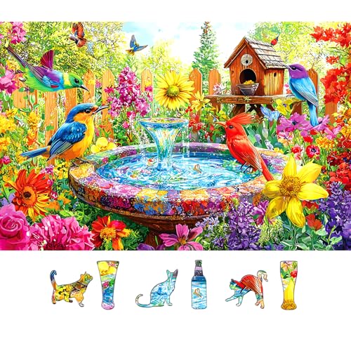 Image of Garden Birds 500 Piece Puzzles for Adults: Vibrant Spring Flower Birdbath Jigsaw Puzzles 500 Pieces, 23x15 Inch 500 Piece Puzzle Adult, Puzzles for Seniors & Adults Entertainment