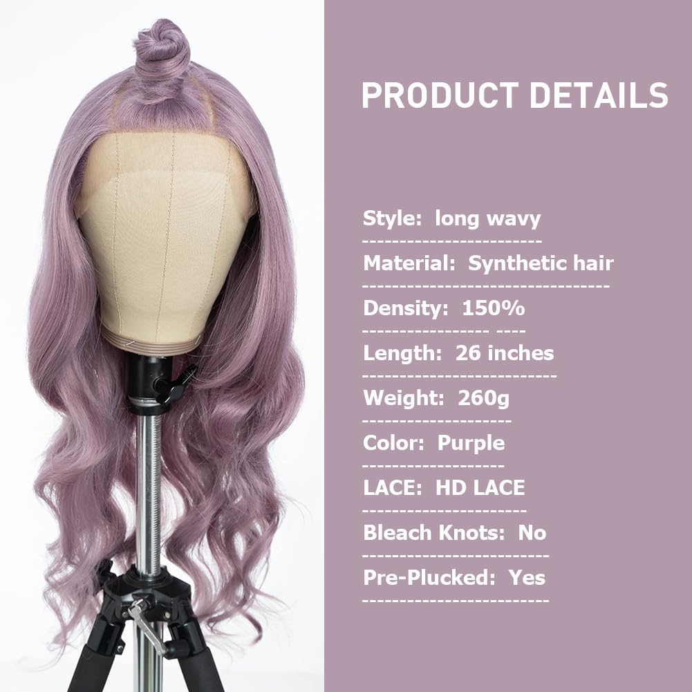 Style Icon 13x4 Lace Frontal Wig 26 inch Long Body Wavy Wig Pale Purple Synthetic Lace Front Wigs for Women Free Part Wig 150% Density - Image 3