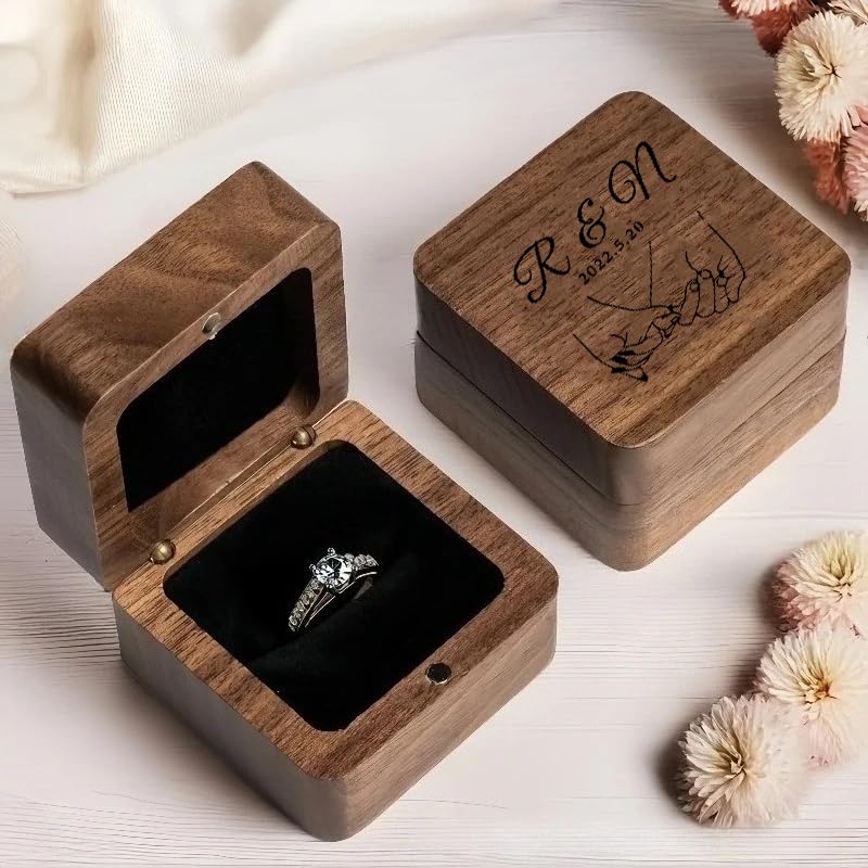 Caja Cuadrada De Madera Personalizada For Anillos Con Dos Ranuras. Joyero Personalizado Con Grabado. Interior De Terciopelo Negro For Bodas Y Compromisos(Black)