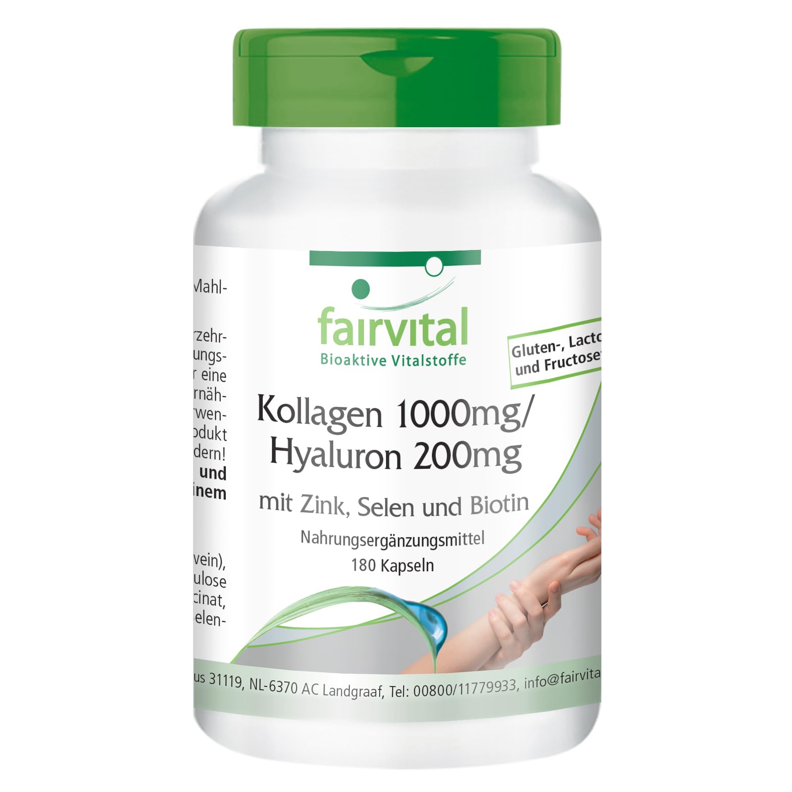 fairvital Hyaluronsäure Kollagen Komplex, 180 Kapseln, Angereichert mit Biotin, Selen, Zink, Vitamin C aus Acerola, qualitätsgeprüft und hochdosiert, Made in Germany
