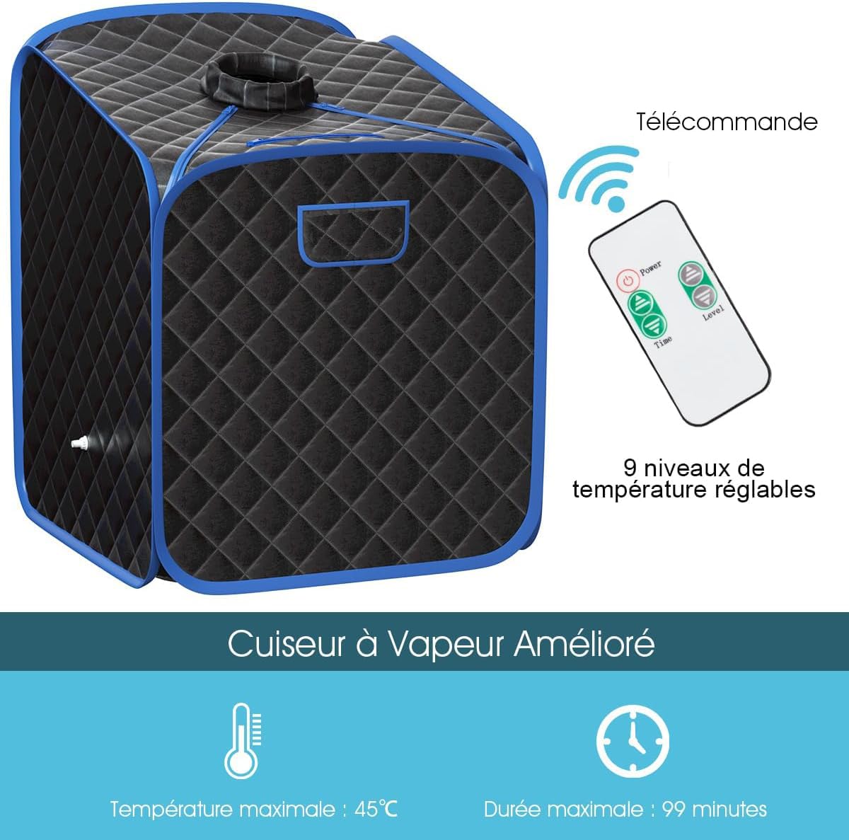 RELAX4LIFE Sauna à Vapeur Portable 2L 1000W, Cabine de Sauna Pliable à Domicile avec 9 Températures Ajustables, Tente de Spa avec Rouleau de Massage, Télécommande pour Détoxification (Noir)