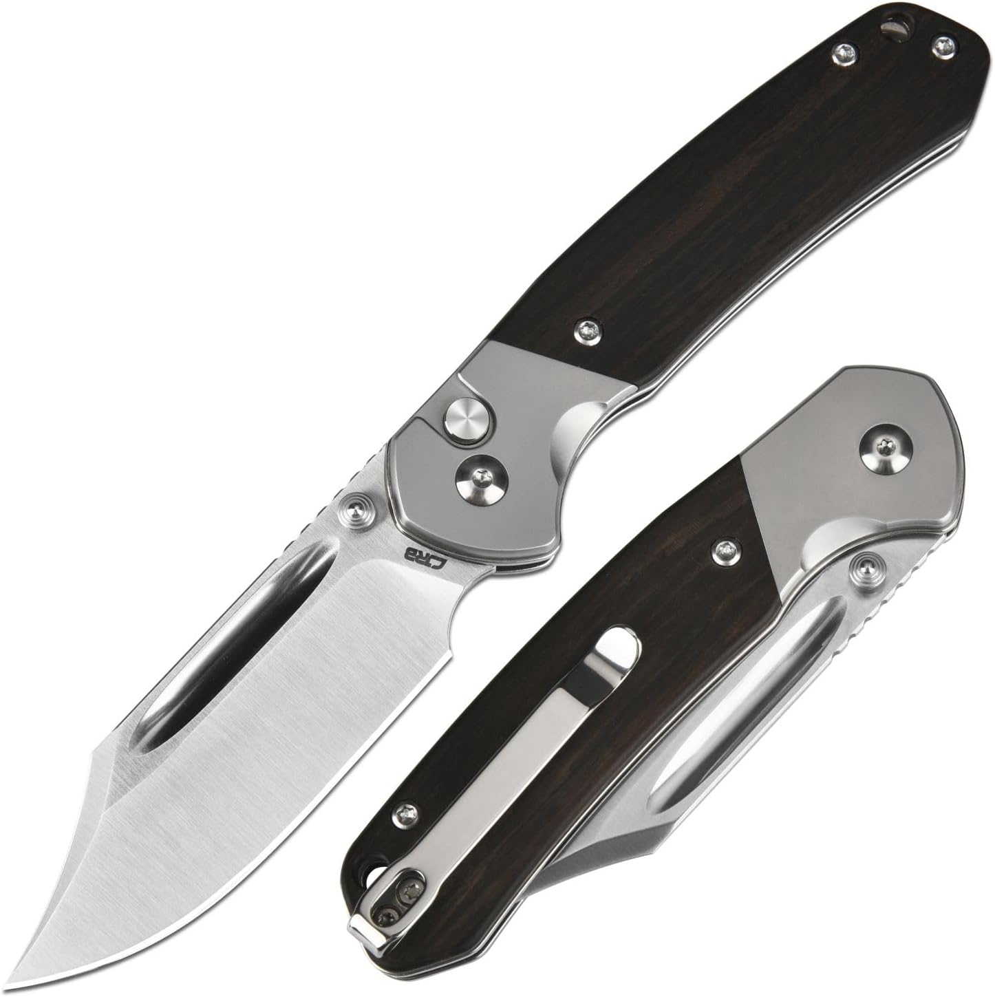 CJRB Bowie Pyrite Pocket Knife, EDC Folding Knife with 3.15'' AR-RPM9 Steel Blade, Hunting Knife with Wood Handle for Camping, Survival - Suitable for Men & Women - J1942 Ebony