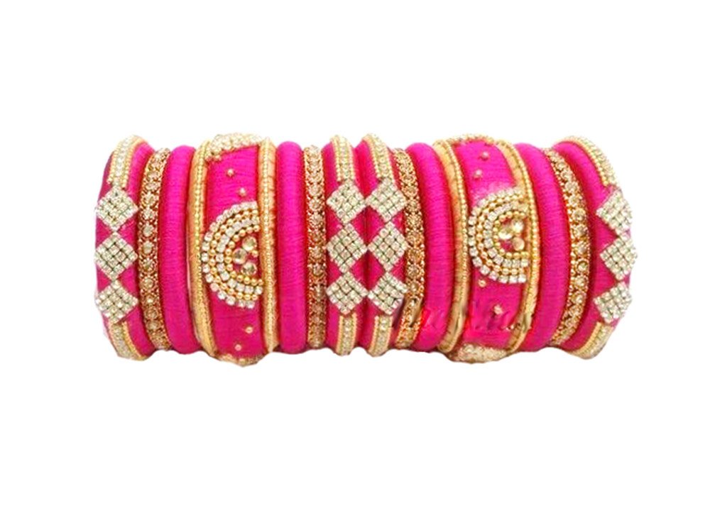 Silk Thread and Metal Bangles Pink and Gold Set of 18-image-24