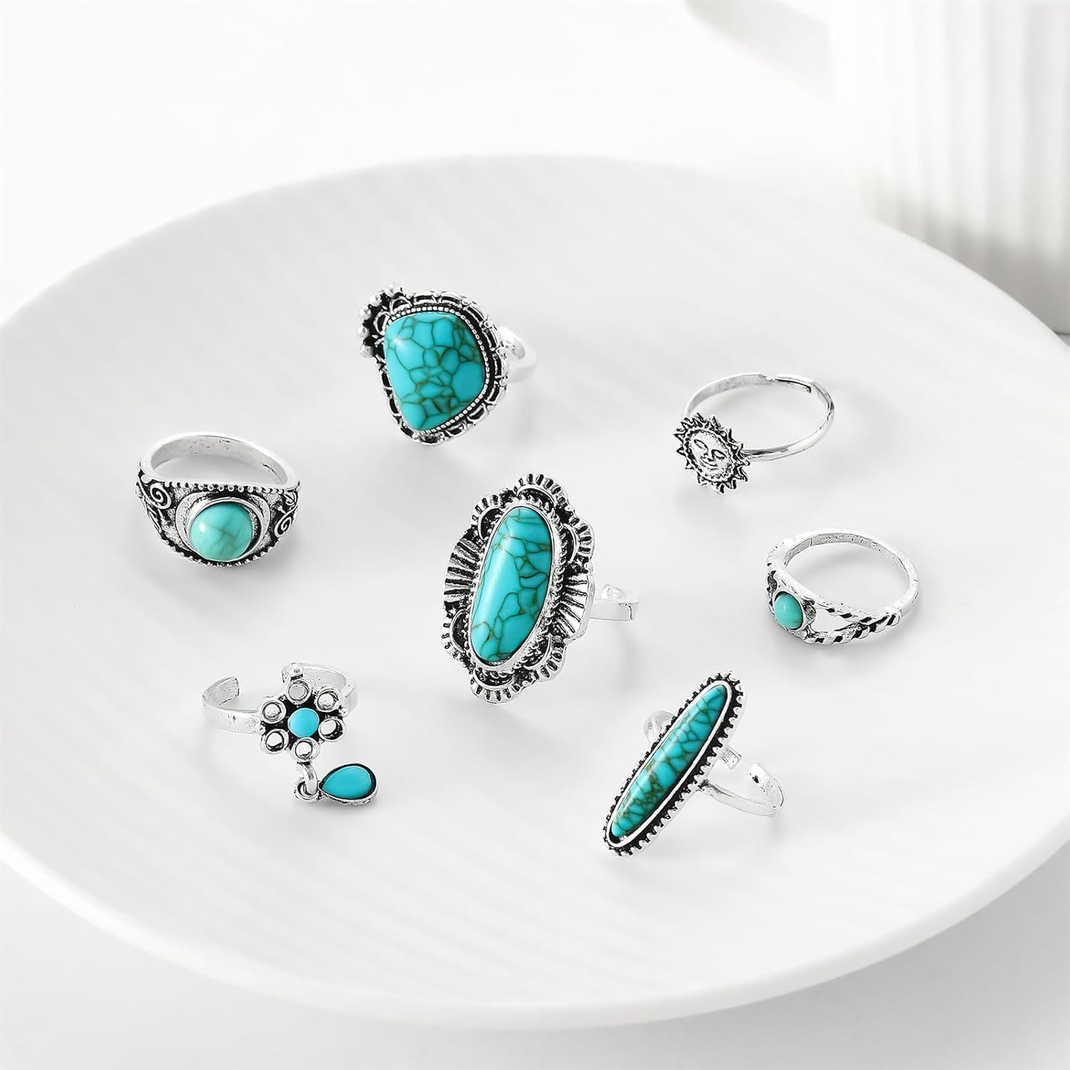 Bohemian Joint Knuckle Rings Set for Women,Vintage Boho Turquoise Stackable Rings Chunky Retro Turquoise Midi Finger Ring Statement Western Jewelry - Image 5