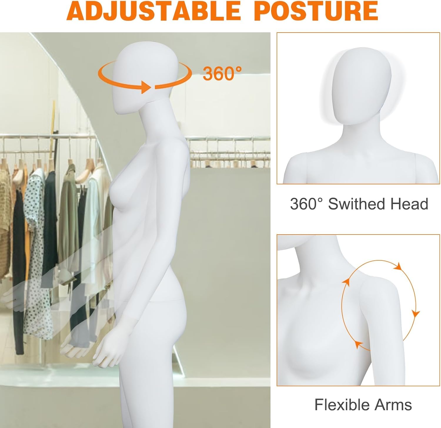 Kinpaw 70" Female Mannequin Full Body Retail Display - Mannequin Torso with Stand, Realistic Mannequin Display with Head Turns Dress Model Display for Boutique, Retail Store, Window Show, Bright White