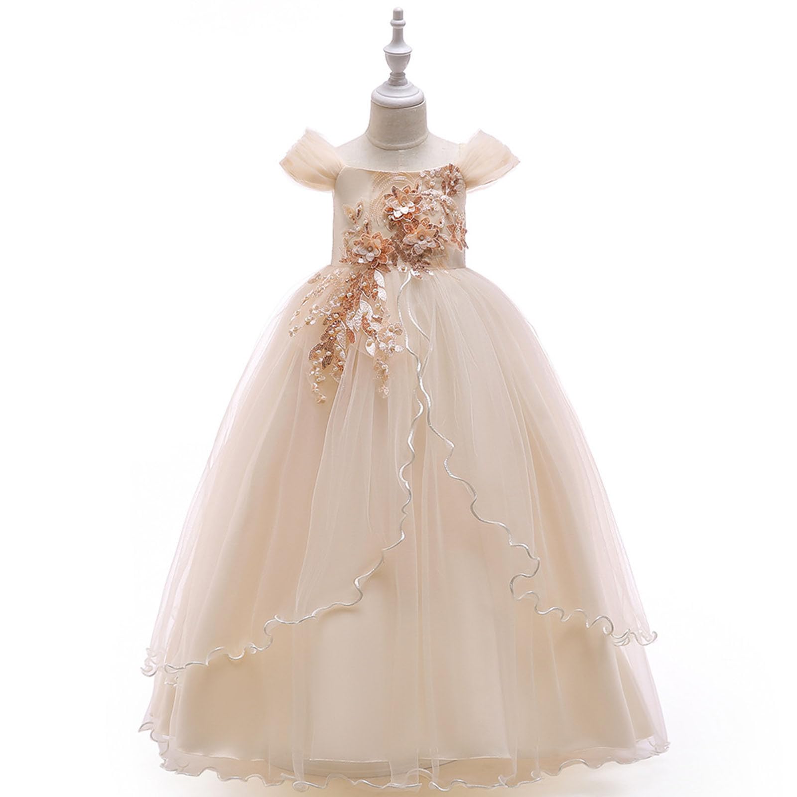 Vestido para niños, vestido de princesa, línea de hombro, vestido de actuación para niña, vestido largo con pomo,, de punto piqué, bordado y ligero, ideal para escuela, primavera estilo casual