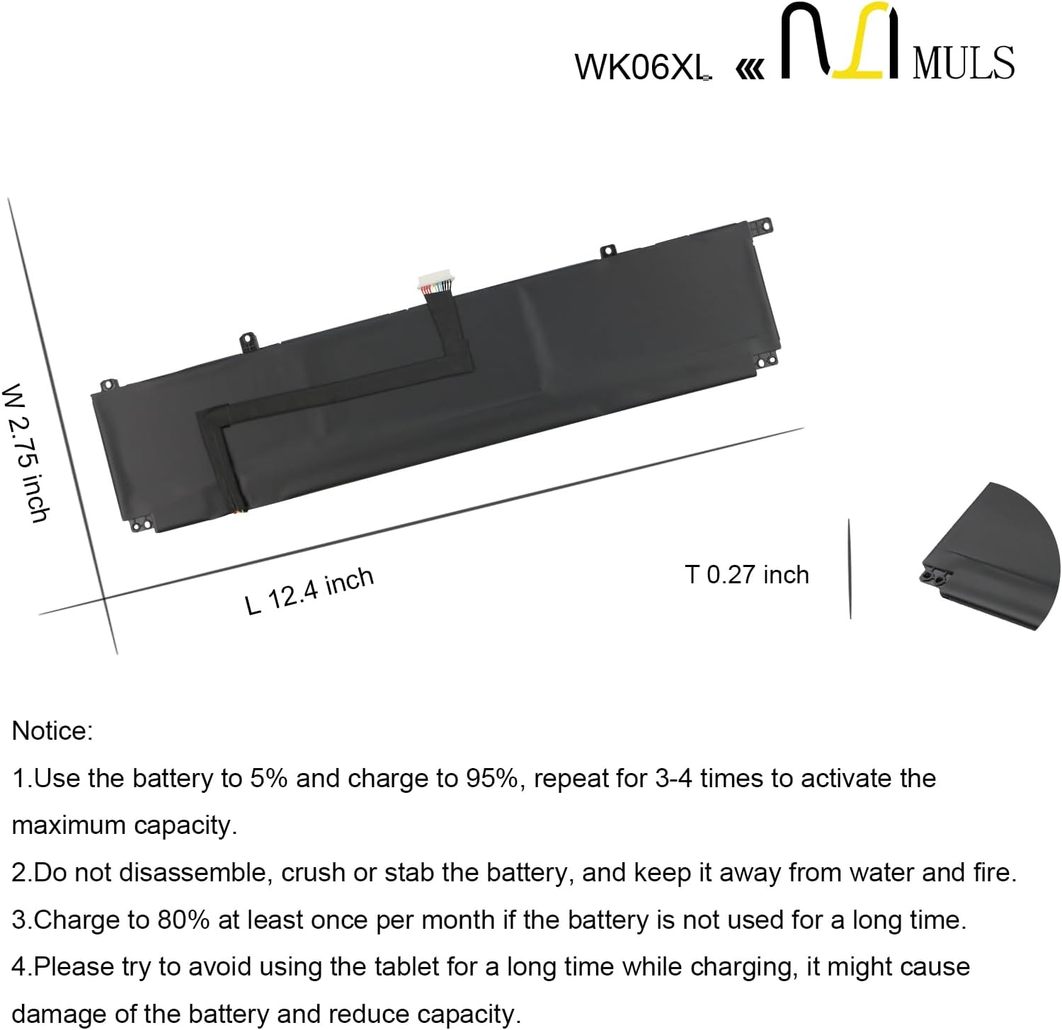 Diagram showing the dimensions of the WK06XL battery: 12.4 inches length, 2.75 inches width, and 0.27 inches thickness.