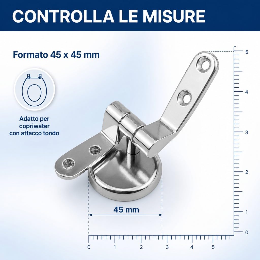 Cerniere Copriwater Universali Acciaio Inox HM con Viti e Guarnizioni, Kit Fissaggio Sedile WC Rotondo MDF Legno Resina, Ricambio Tavoletta WC