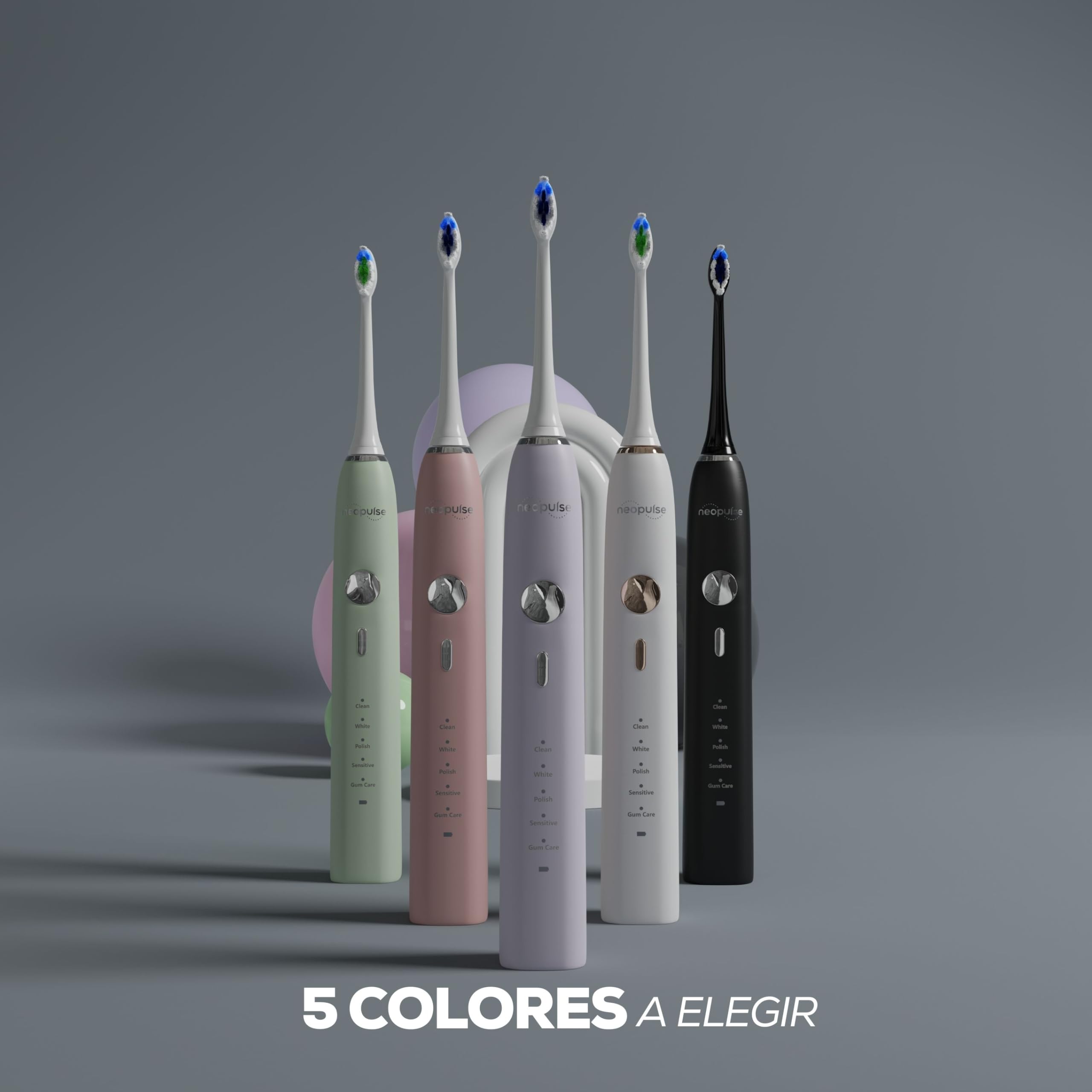 NEOPULSE NEOSONIC® – Cepillo de Dientes Eléctrico Sónico, 50.000 Vibraciones/min, 5 Modos y 15 Intensidades, Temporizador 2 min, 3 Meses de Autonomía, Carga USB-C, 2 Cabezales Incluidos, Negro