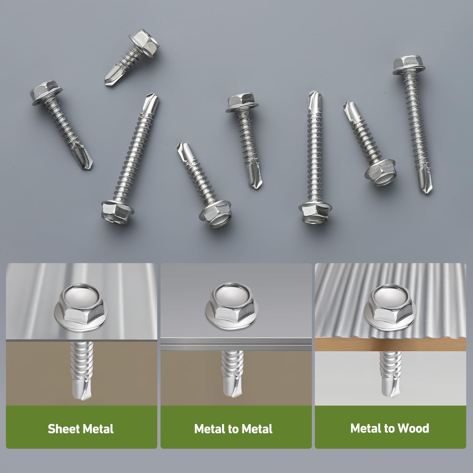 Selbstschneidende Schrauben-Sortiment, 450 Stück, Edelstahl 410, selbstbohrende Schrauben für Metall, #8#10, 1/2 Zoll, 5/8 Zoll, 3/4 Zoll, 1 1/4 Zoll, 1-1/2 Zoll