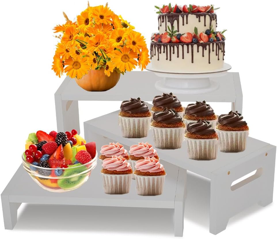 MRPAPA 3 Tier Cupcake Stand & Wood Display Risers,for Food Desserts Stand Perfume Organizer Funko POP Collections, Display Stand for Organizer and Decoration (White-Display Riser)
