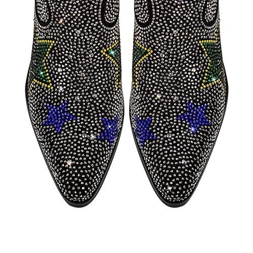 richealnini Women's Mid Calf Boots with Rhinestones Pull on Tab Block Heels Sparkly Stars Pattern Western Cowboy Boots4