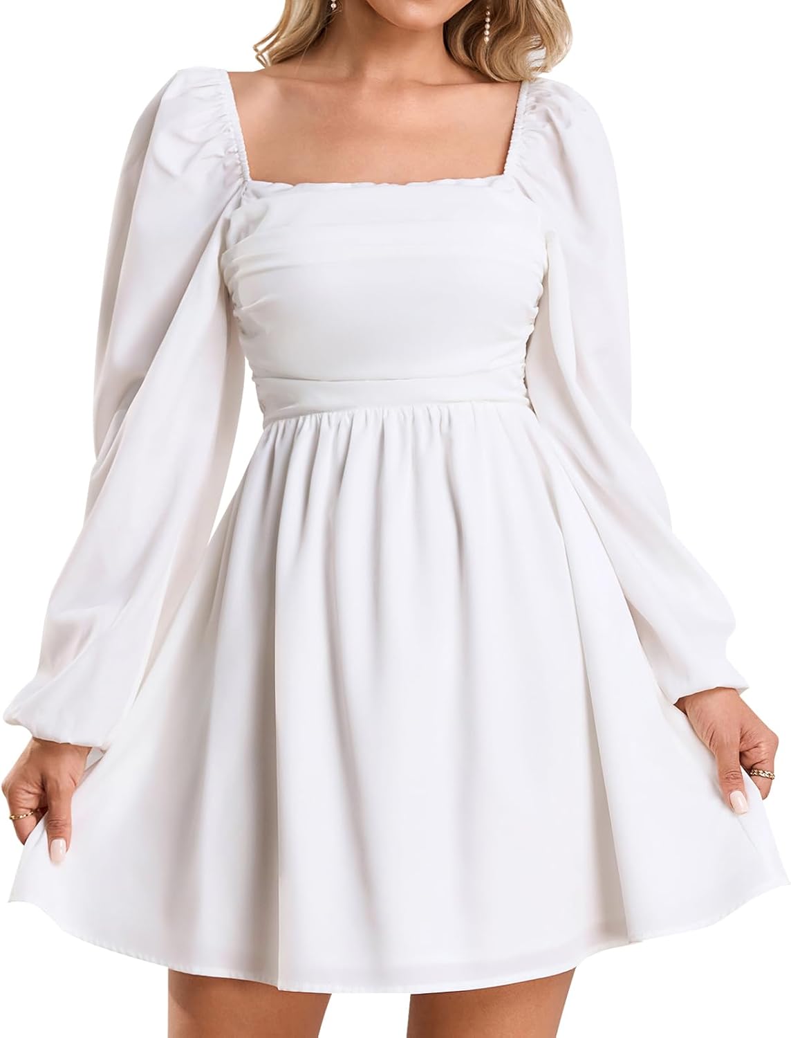 Women Long Sleeve Fall Mini Dress Casual Square Neck Wedding Guest A Line Short Dresses