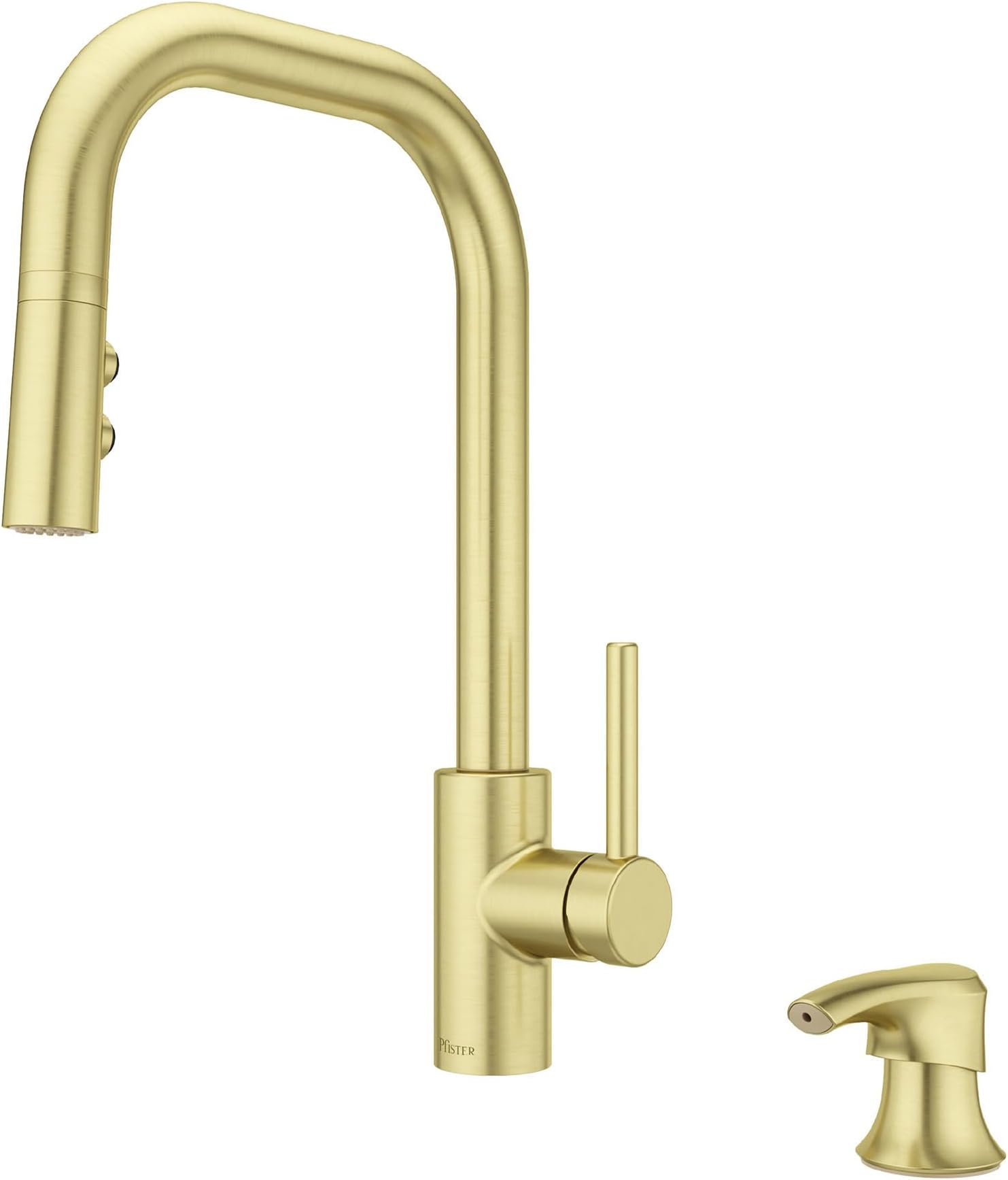 Pfister Zanna Kitchen Faucet with Pull Down Sprayer and Soap Dispenser, Single Handle, High Arc, NSF Certified, Brushed Gold Finish, F5297ZNRBG