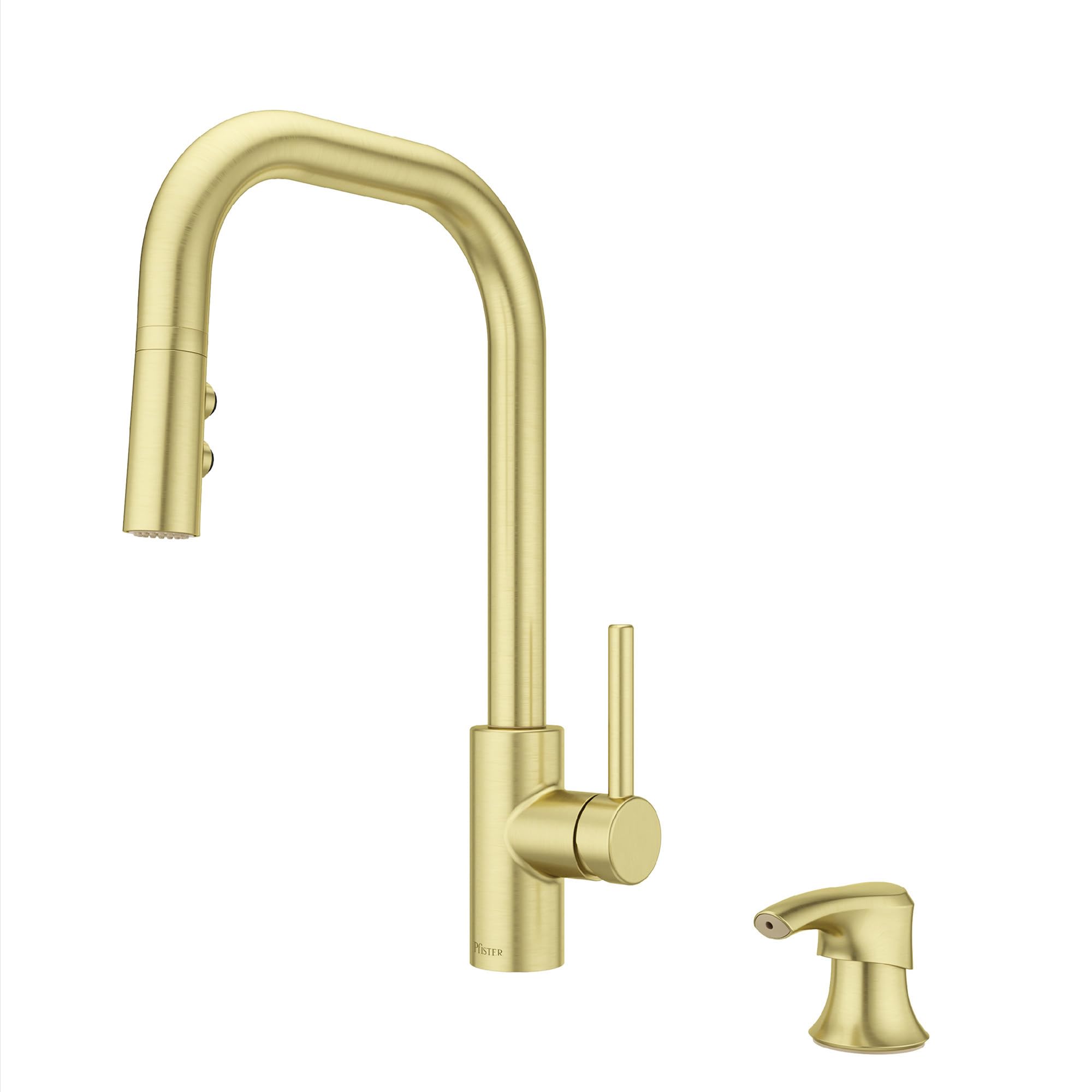Pfister Zanna Kitchen Faucet with Pull Down Sprayer and Soap Dispenser, Single Handle, High Arc, NSF Certified, Brushed Gold Finish, F5297ZNRBG