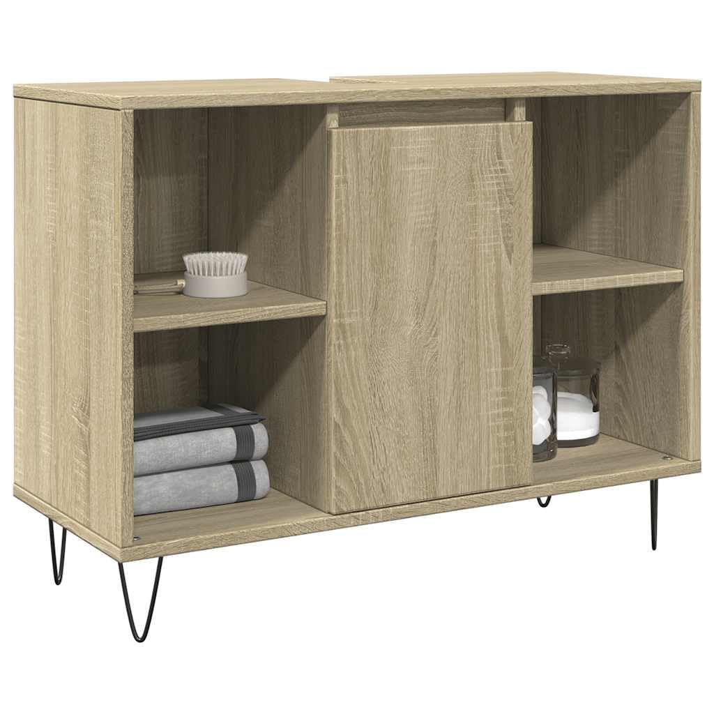 Szafka łazienkowa dąb Sonoma 80 x 33 x 60 cm, materiał drewnopochodny z żelaznymi nóżkami, 4 półki, drzwi montowane po lewej lub prawej stronie, meble łazienkowe, miejsce do przechowywania