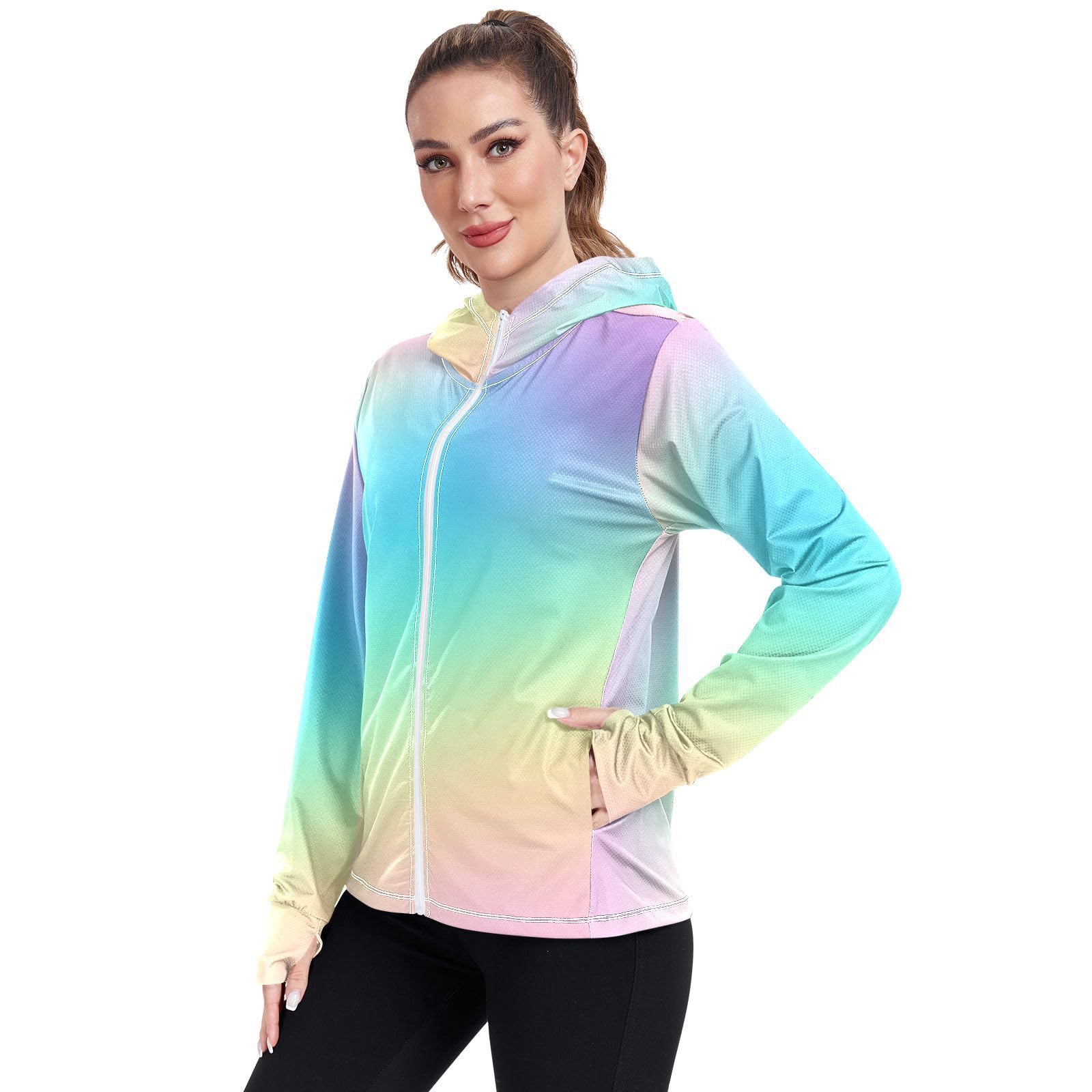 GAIGEO Pastel Rainbow Gradient Lightweight Jacket Women, UPF 50+ Sun Protection Jacket Women, Quick Dry Cycling Jacket for Women, M