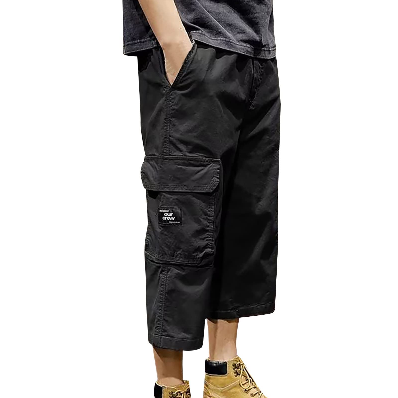Men's Black Cargo Capri Shorts Below Knee 3/4 Length Bermuda Shorts Multi-Pocket Outdoor Lightweight Casual Combat Tactical Hiking Camping Fishing Work Shorts