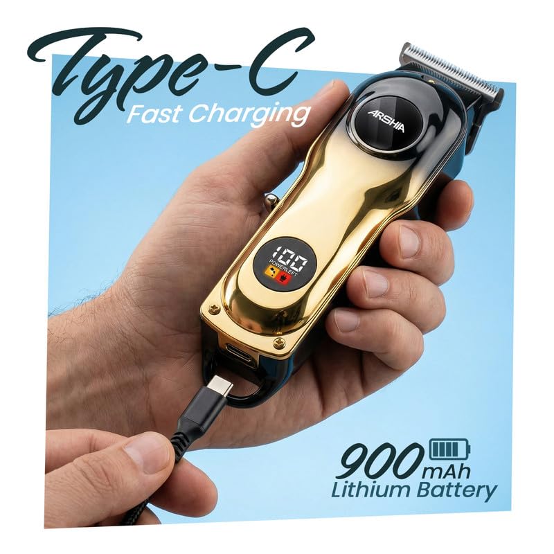 Image of A-305 Hair Trimmer for Men, Cordless Beard & Hair Trimmer, Stainless Steel Blades, 900mAh Battery, 180 Min Runtime, LED Display, Type-C Fast Charging, Rechargeable, 2 Year Warranty, Gold-Black