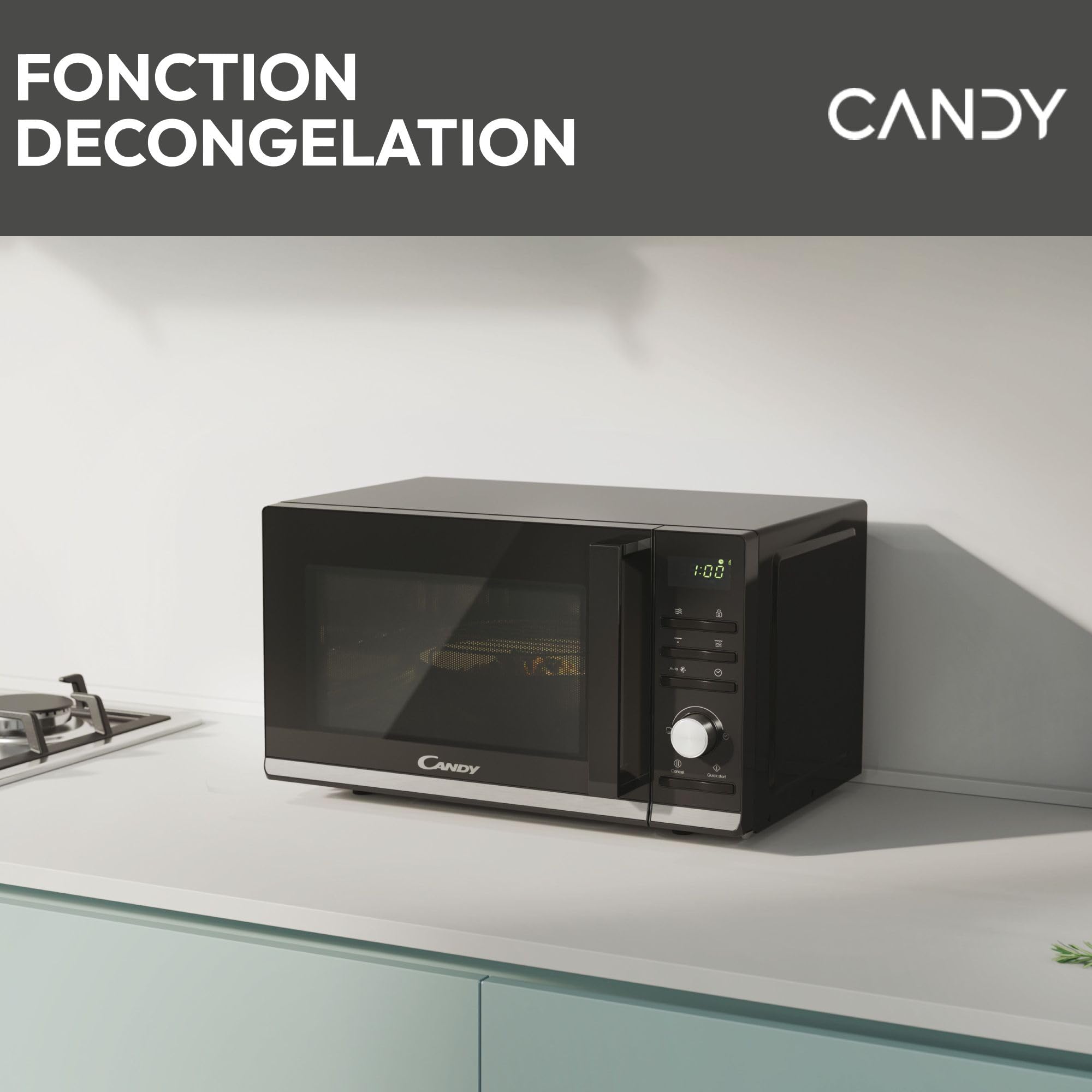 Candy Moderna CMGA20TNDB Four Micro-ondes Gril 700W 20L Digital, Fonction Gril et Décongélation, Plateau Tournant, 11 Niveaux de Puissance, 19 Menus Auto, Cuisson Express, Grille Métal, Noir