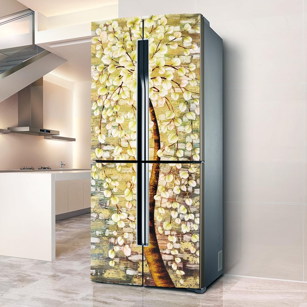 Fridge Sticker, Fridge Sticker Full Covering Door Covers Decor, Freezer Skins Wall Stickers for Kitchen Decal, Golden Leaves Tree(L: 100x180 cm)
