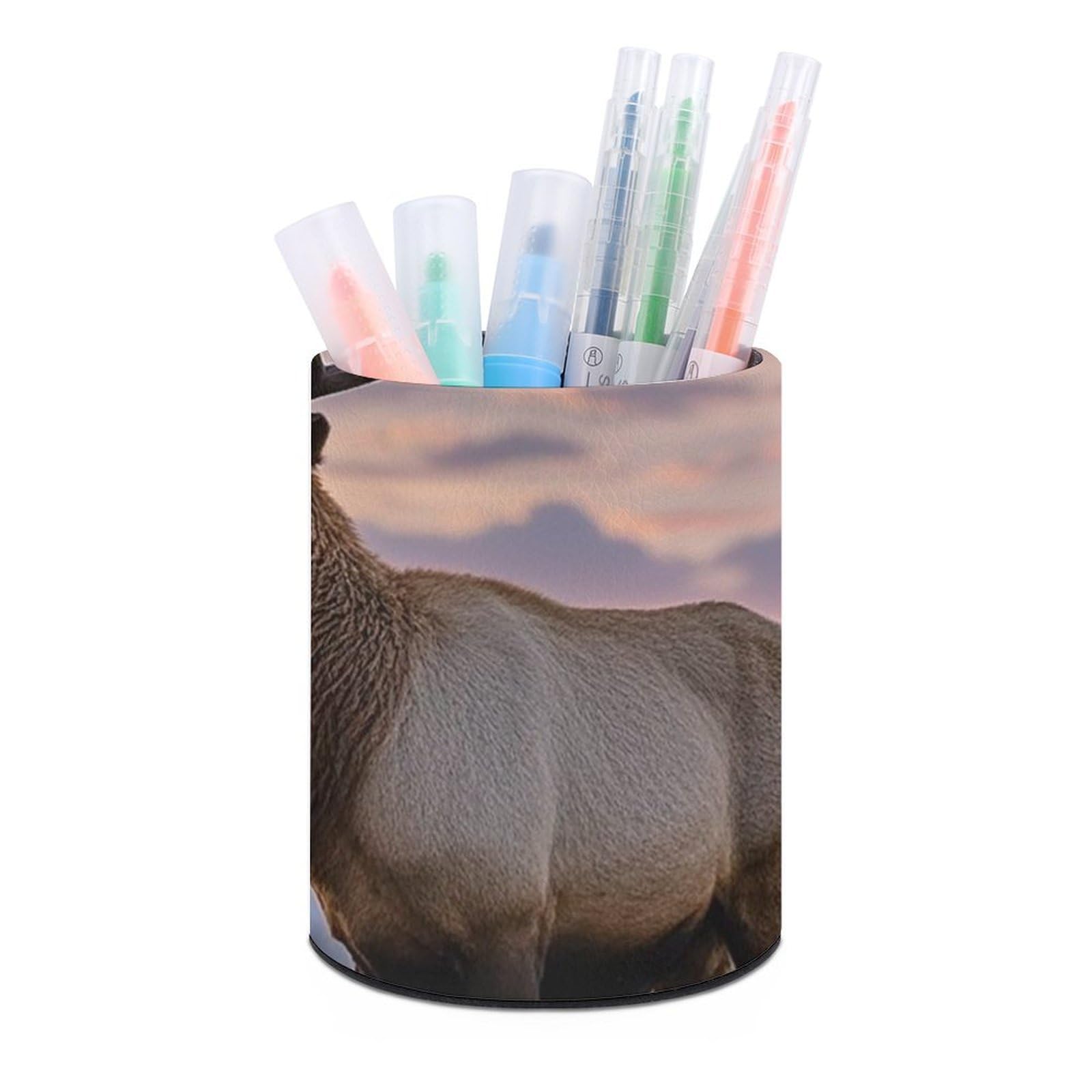 FekiLoot PU Leather Round Pen Holder Red Deer Bull Elk Sunset Pencil Holder Desk Organizer Pen Organizer Pen Cup Pencil Cup Caddy Desktop Stationery Organizers for Office Home Supplies