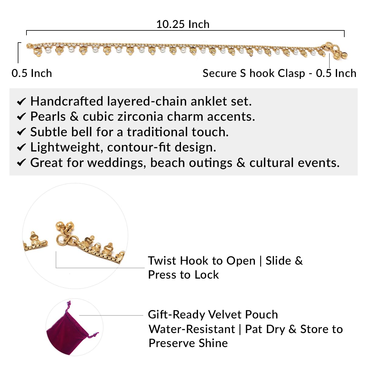 Indian Payal - Juego de tobilleras para mujer con perlas y circonita cúbica, diseño de cadena en capas con dijes colgantes, chapado en oro, 10.25 pulgadas, perfecto para bodas, fiestas, 4