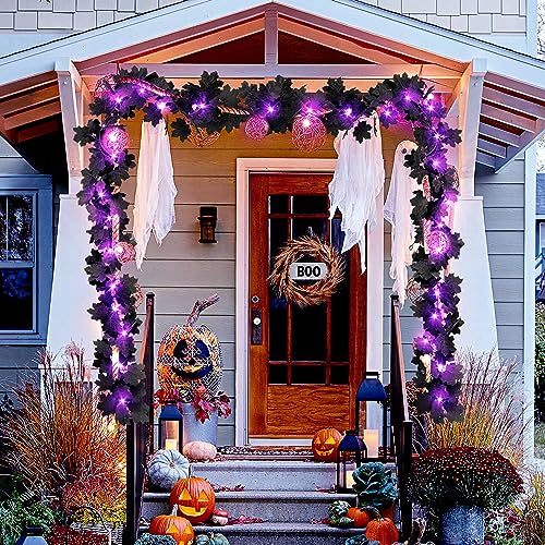 Image of Black Leaf Garland with Purple Lights, 2 Pack Halloween Artificial Hanging Fall Leave Vines with 20 LED, Fall Floral Garlands Thanksgiving Decor for Home Wedding Party (11.8FT)