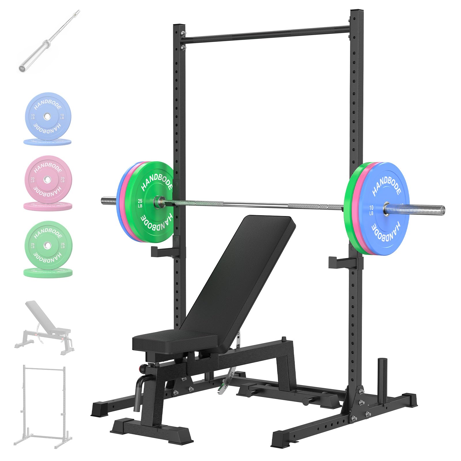HANDBODE Squat Rack, 7ft Barbell, Weight Bench, Weight Plates Set 110 lb, Home Gym Equipment, Silver