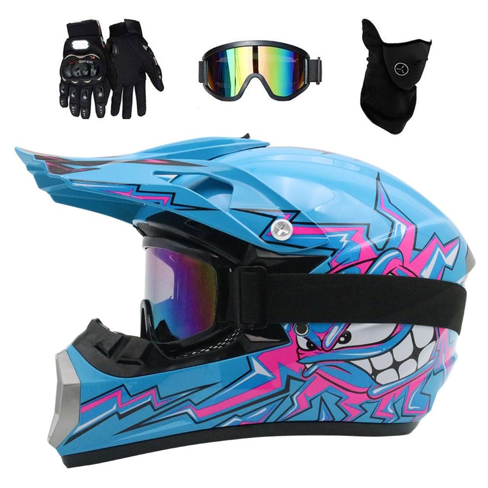 Gioventù Ragazzo Casco da Motocross, con Occhiali Guanti Maschera, Doppio Sport Integrale MTB Fuori Strada ATV Moto Casco, Discesa Gare di Enduro Dirt Bike Incidente Casco