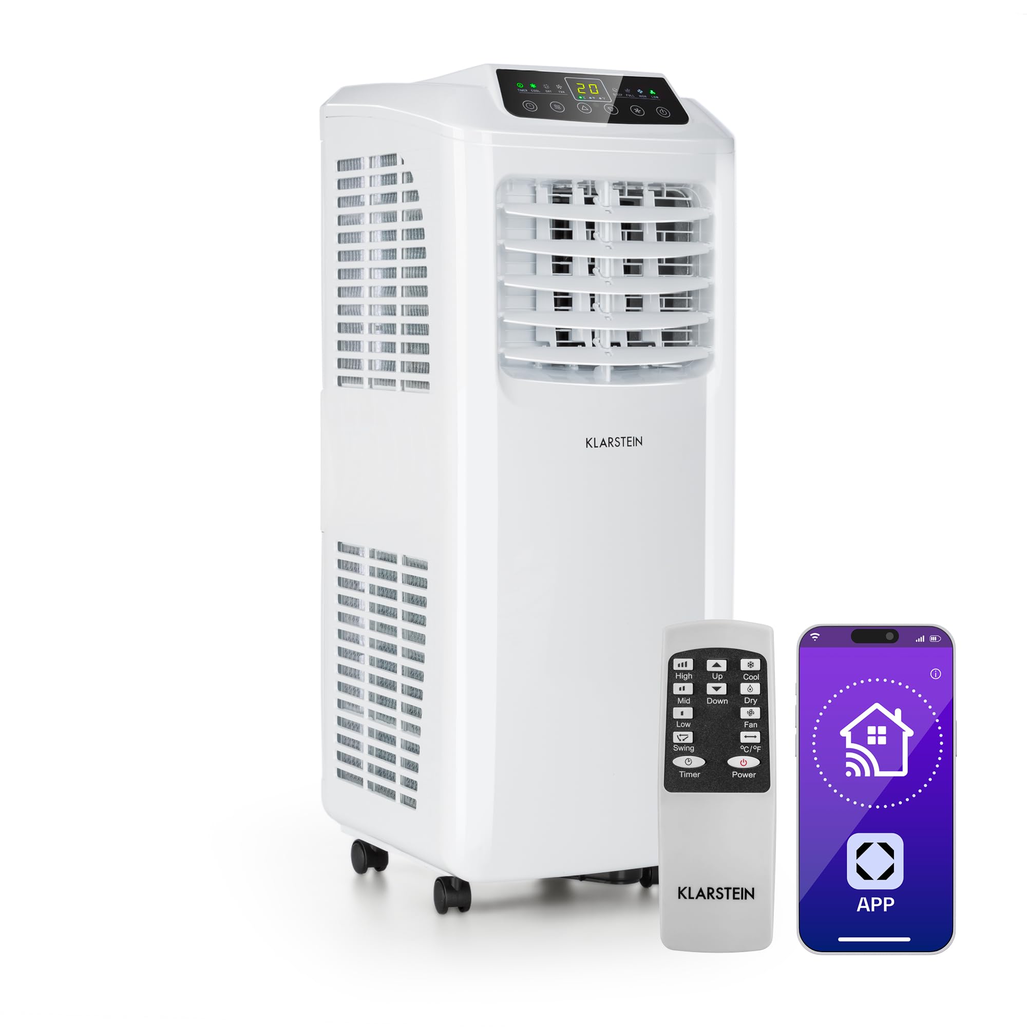 Klarstein Climatiseur Mobile Silencieux, Smart Climatiseur 3 en 1, Mode Nuit, Déshumidificateur, Ventilateur, Mini Climatisation à Faible Conso, Evacuation, Clim Portable, 7000 BTU, Climatiseurs
